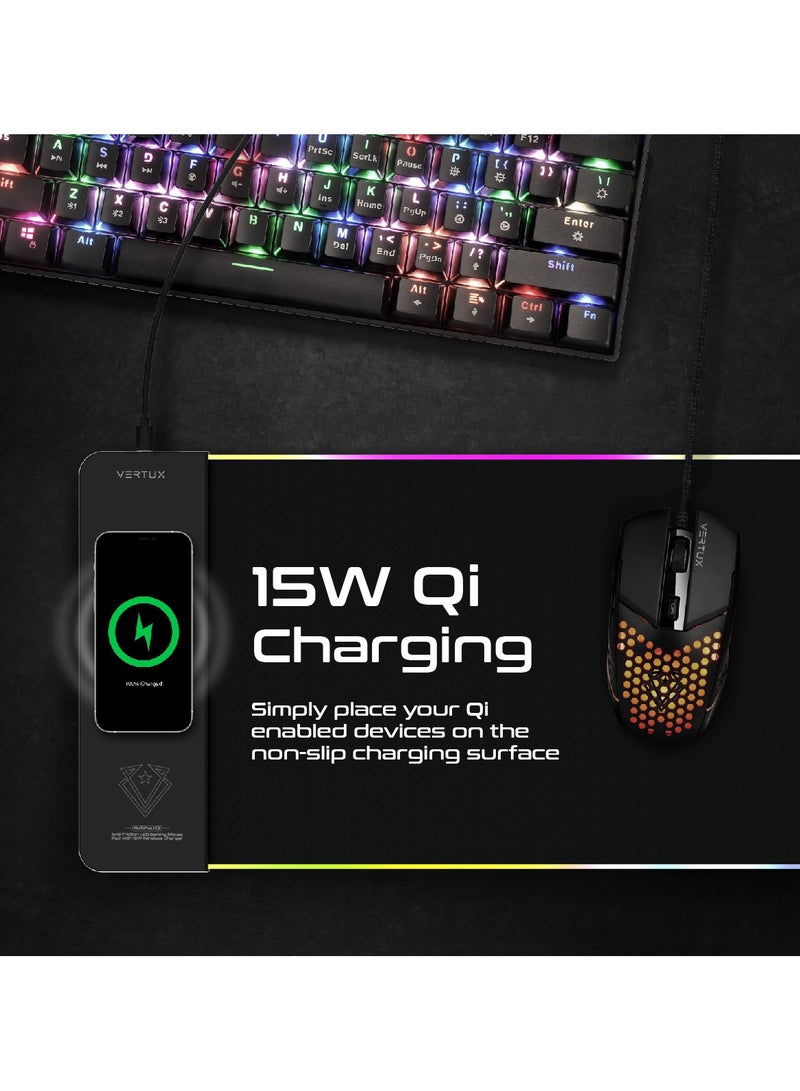 VERTUX 15W Wireless Charging Mouse Pad, Extended Non-Slip Low-Friction Surface Mouse Mat with Built-In Fast Qi Charging Pad, LED Lighting Effects, for Gamers, Smartphones, Home or Office, RaftPad-Qi Black - Image 3