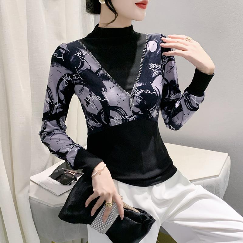 Heavy Industry Bead Half Turtleneck Bubble Long Sleeve Stitching Velvet Floral Slimming Versatile Bottoming Shirt - Image 3