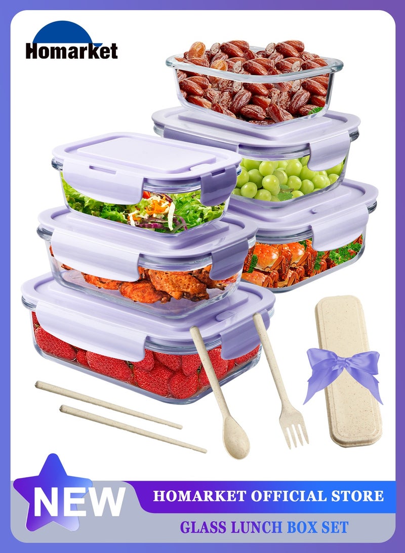 HomarKet 6 Pack Glass Food Storage Containers ,Meal Prep, Airtight Bento Boxes with Leak Proof Locking Lids,Glass Lunch Box for Microwave, Oven,Freezer and Dishwasher,BPA Free with ChopstickS,Spoon and Fork  - Image 1