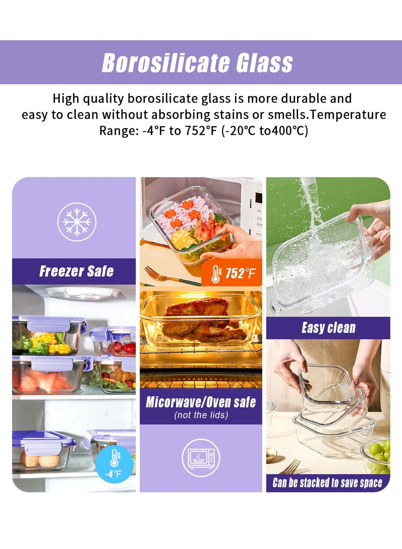 HomarKet 6 Pack Glass Food Storage Containers ,Meal Prep, Airtight Bento Boxes with Leak Proof Locking Lids,Glass Lunch Box for Microwave, Oven,Freezer and Dishwasher,BPA Free with ChopstickS,Spoon and Fork  - Image 5