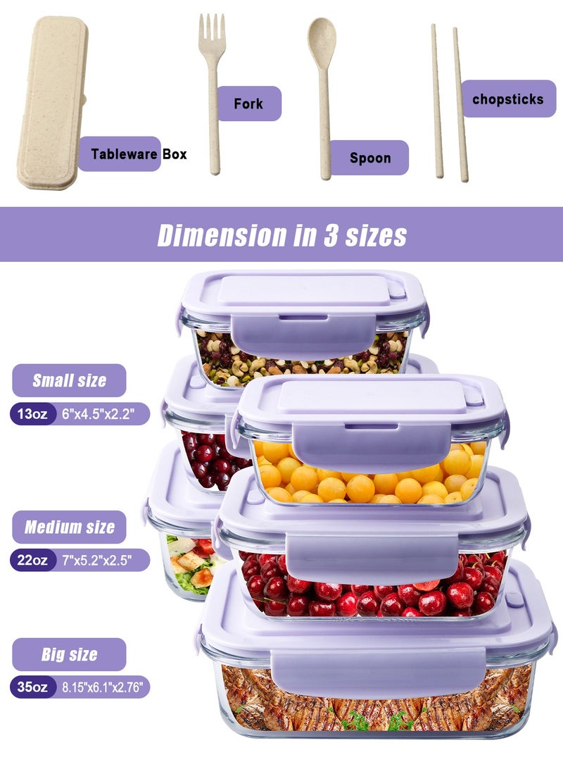 HomarKet 6 Pack Glass Food Storage Containers ,Meal Prep, Airtight Bento Boxes with Leak Proof Locking Lids,Glass Lunch Box for Microwave, Oven,Freezer and Dishwasher,BPA Free with ChopstickS,Spoon and Fork  - Image 2