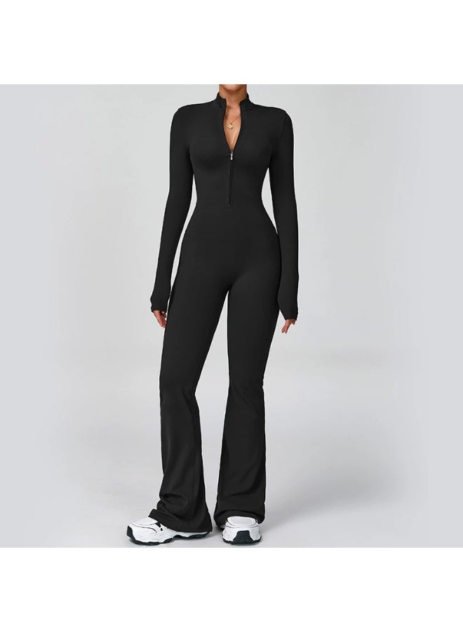 general Women's long-sleeved fitness yoga workout jumpsuit with zipper, flared pants, tight set - Image 1