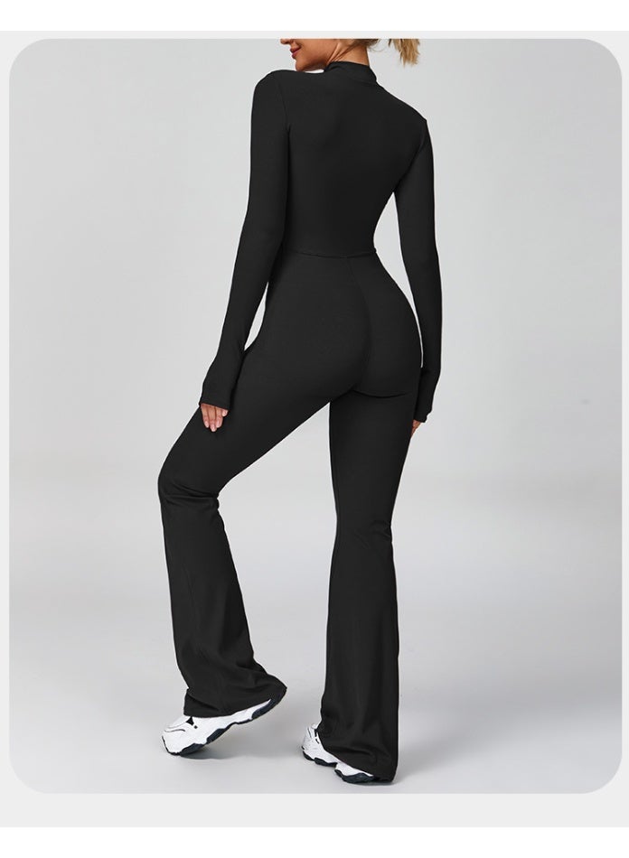 general Women's long-sleeved fitness yoga workout jumpsuit with zipper, flared pants, tight set - Image 2