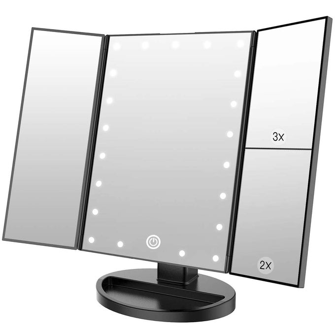 LIGHTED MAKEUP MIRROR 1X2X3X MAGNIFICATION THREEFOLD MIRROR WITH 21 LED LIGHTS TOUCH SCREEN SWITCH TABLE MIRROR WITH BATTERY AND USB AVAILABLE BLACK