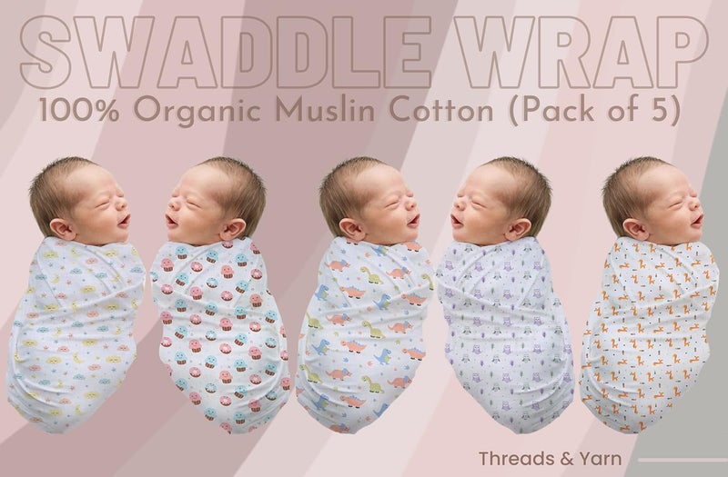Threads & Yarn Threads Yarn Organic Muslin Cotton Swaddle Wrap for New Born 100 cm x 100 cm Multicolor Pack of 5 Animal Print - Image 2