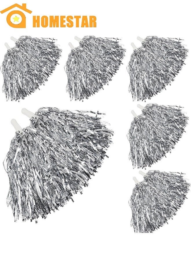 HOMESTAR 6 Pcs Cheerleading Pom Poms, Metallic Foil Pompoms for Sports Meet Team Spirit Cheering Party Dance Supplies Straight Hole, Silver - Image 1