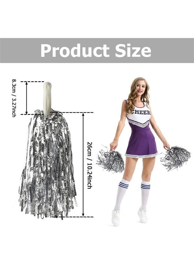 HOMESTAR 6 Pcs Cheerleading Pom Poms, Metallic Foil Pompoms for Sports Meet Team Spirit Cheering Party Dance Supplies Straight Hole, Silver - Image 3