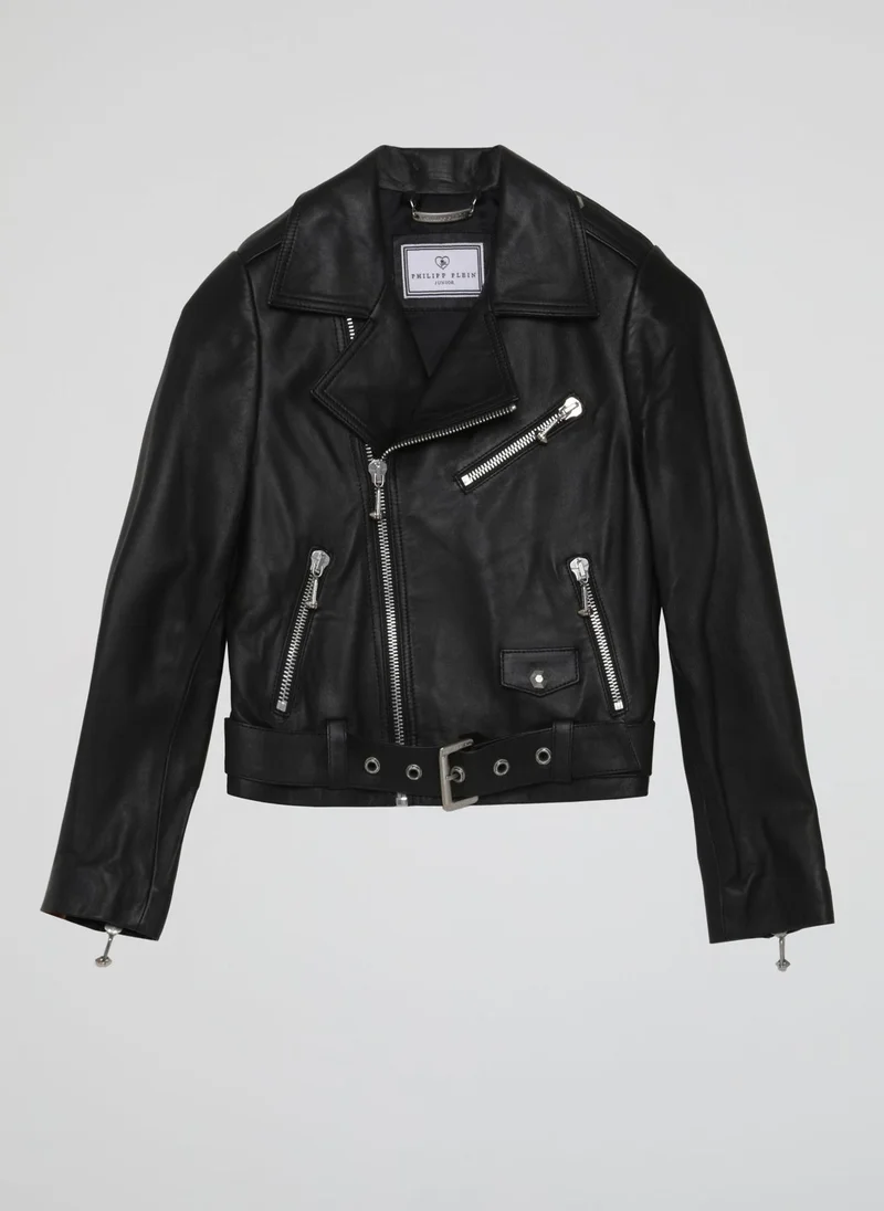 PHILIPP PLEIN Black Rear Butterfly Crystals Leather Jacket (Kids)