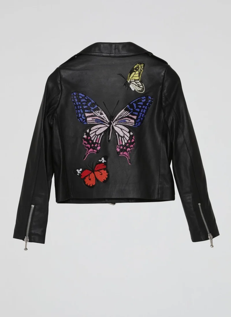 PHILIPP PLEIN Black Rear Butterfly Crystals Leather Jacket (Kids)