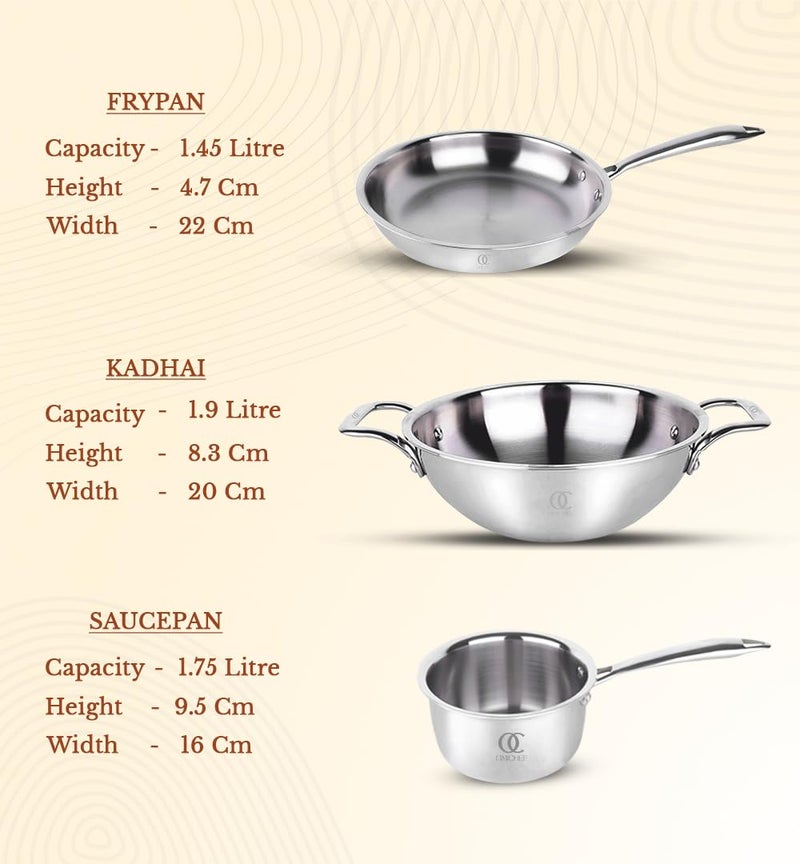 Omichef مجموعة أوماشيف من أدوات الطهي الثلاثية: كاداي + مقلاة + قدر صلصة | مجموعة أدوات طهي صديقة للحث | جسم غير لاصق بطبقة ثلاثية، بدون طلاء كيميائي و100% خالية من السموم - Image 3