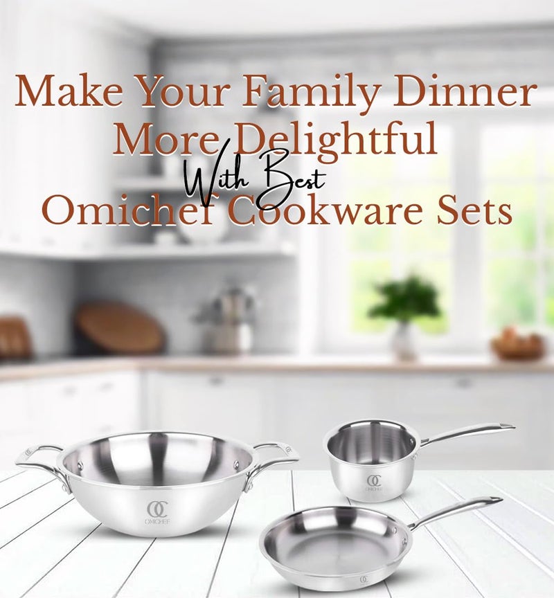 Omichef مجموعة أوماشيف من أدوات الطهي الثلاثية: كاداي + مقلاة + قدر صلصة | مجموعة أدوات طهي صديقة للحث | جسم غير لاصق بطبقة ثلاثية، بدون طلاء كيميائي و100% خالية من السموم - Image 5