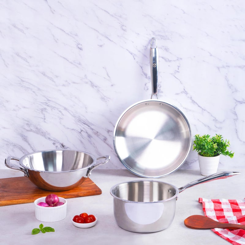 Omichef مجموعة أوماشيف من أدوات الطهي الثلاثية: كاداي + مقلاة + قدر صلصة | مجموعة أدوات طهي صديقة للحث | جسم غير لاصق بطبقة ثلاثية، بدون طلاء كيميائي و100% خالية من السموم - Image 2