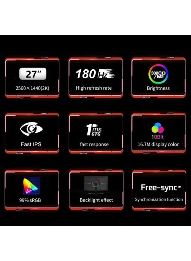 شاشة ألعاب مقاس 27 بوصة بدقة QHD 2560×1440، معدل تحديث 180 هرتز، شاشة IPS سريعة الاستجابة (1 مللي ثانية)، حامل قابل لتعديل الارتفاع والدوران 180 درجة، شاشة ألعاب إلكترونية بإضاءة خلفية RGB مع مكبرات صوت مدمجة، تقنية الضوء الأزرق المنخفض وخالية من الوميض، تدعم تقنية AMD FreeSync، منافذ HDMI وDP، شاشة كمبيوتر للألعاب والاستخدام المكتبي - Image 3