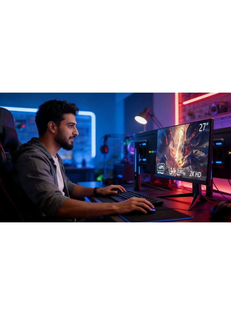 شاشة ألعاب مقاس 27 بوصة بدقة QHD 2560×1440، معدل تحديث 180 هرتز، شاشة IPS سريعة الاستجابة (1 مللي ثانية)، حامل قابل لتعديل الارتفاع والدوران 180 درجة، شاشة ألعاب إلكترونية بإضاءة خلفية RGB مع مكبرات صوت مدمجة، تقنية الضوء الأزرق المنخفض وخالية من الوميض، تدعم تقنية AMD FreeSync، منافذ HDMI وDP، شاشة كمبيوتر للألعاب والاستخدام المكتبي - Image 4