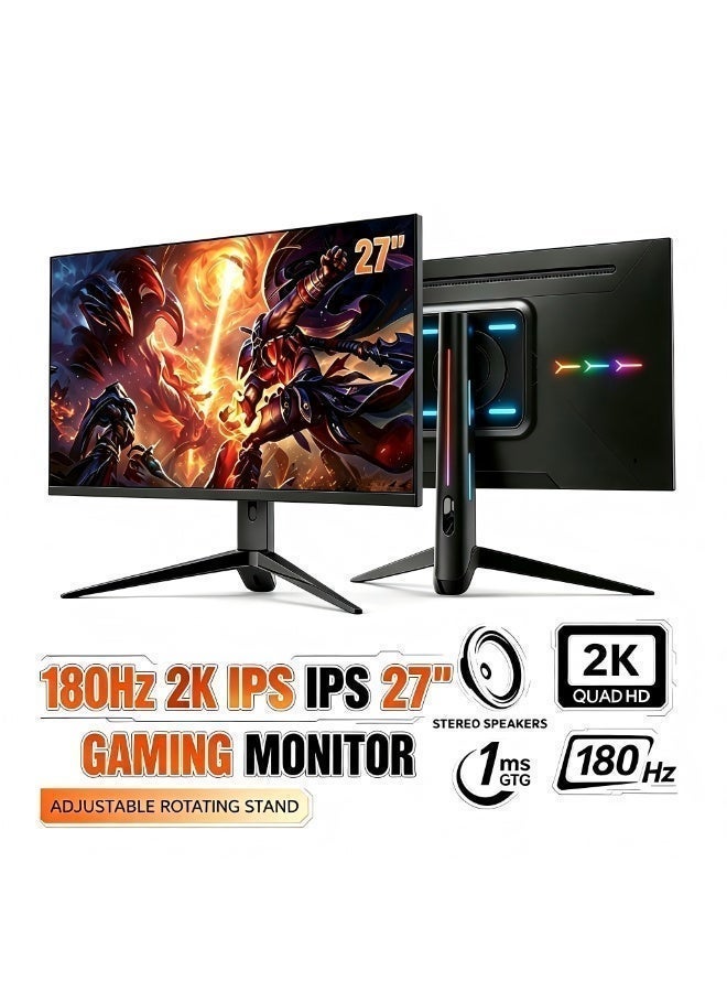 شاشة ألعاب مقاس 27 بوصة بدقة QHD 2560×1440، معدل تحديث 180 هرتز، شاشة IPS سريعة الاستجابة (1 مللي ثانية)، حامل قابل لتعديل الارتفاع والدوران 180 درجة، شاشة ألعاب إلكترونية بإضاءة خلفية RGB مع مكبرات صوت مدمجة، تقنية الضوء الأزرق المنخفض وخالية من الوميض، تدعم تقنية AMD FreeSync، منافذ HDMI وDP، شاشة كمبيوتر للألعاب والاستخدام المكتبي - Image 1