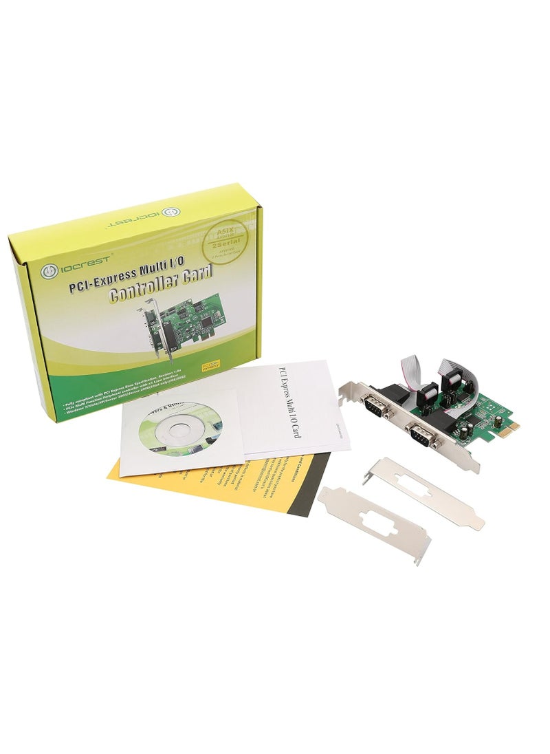 ماركة غير محددة - بطاقة تحكم تسلسلية DB9 بمنفذين PCI-Express RS-232 من IO Crest مع دعامة منخفضة الارتفاع وشريحة Asix99100 - باللون الأخضر - Image 1