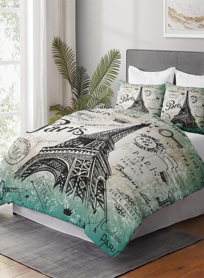 WeCozy Queen Size Comforter Set with 2 Pillowcase, Vintage Eiffel Tower Flower Soft 3 Pcs Bedding for Kids and Adults, Paris Summer Comforter Set for Room Bedroom Bed Decor - Image 4