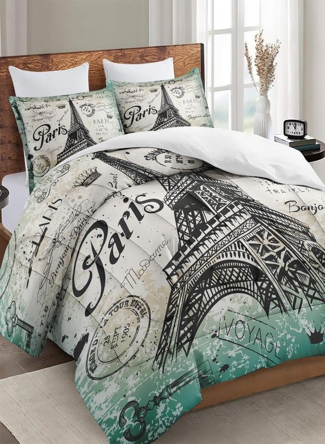 WeCozy Queen Size Comforter Set with 2 Pillowcase, Vintage Eiffel Tower Flower Soft 3 Pcs Bedding for Kids and Adults, Paris Summer Comforter Set for Room Bedroom Bed Decor - Image 3