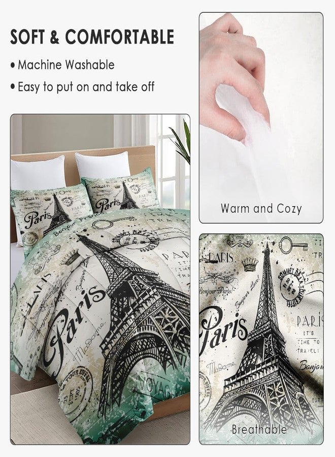 WeCozy Queen Size Comforter Set with 2 Pillowcase, Vintage Eiffel Tower Flower Soft 3 Pcs Bedding for Kids and Adults, Paris Summer Comforter Set for Room Bedroom Bed Decor - Image 5