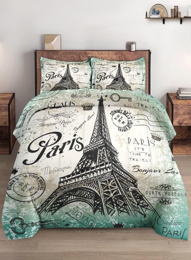 WeCozy Queen Size Comforter Set with 2 Pillowcase, Vintage Eiffel Tower Flower Soft 3 Pcs Bedding for Kids and Adults, Paris Summer Comforter Set for Room Bedroom Bed Decor - Image 1