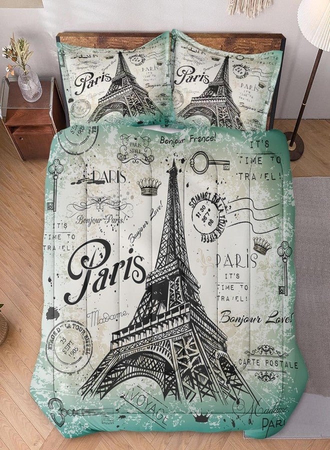WeCozy Queen Size Comforter Set with 2 Pillowcase, Vintage Eiffel Tower Flower Soft 3 Pcs Bedding for Kids and Adults, Paris Summer Comforter Set for Room Bedroom Bed Decor - Image 2
