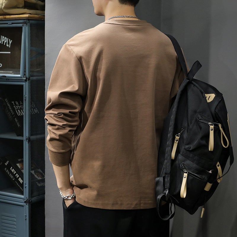 Autumn New American Heavy Long-Sleeved T-Shirt Men'S Loose Plus Size Casual Coffee Crewneck Base Shirt Sweater - Image 4