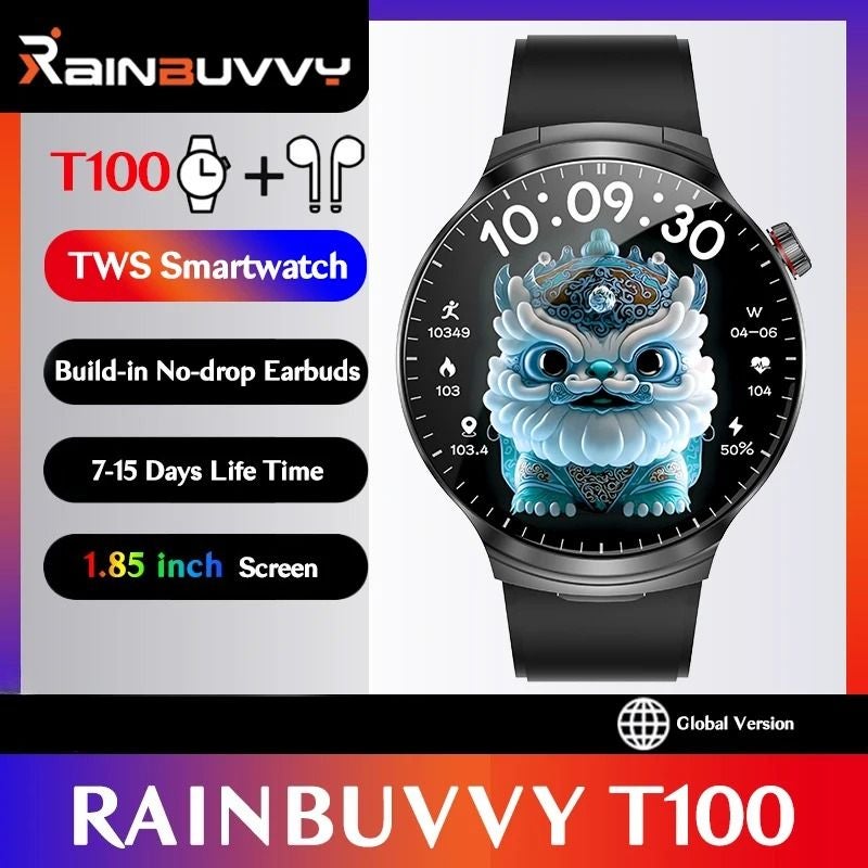 Rainbuvvy T100 Smartwatch with Built-in TWS Bluetooth Earbuds, 1.85 Inch Screen, Silver - Image 2