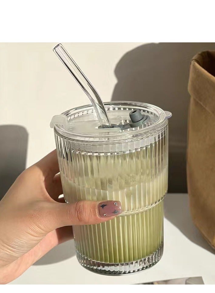 يو لين كوب قهوة وكوب بيرة، كوب ماء بسيط مخطط عموديًا مع غطاء وقشة - Image 1