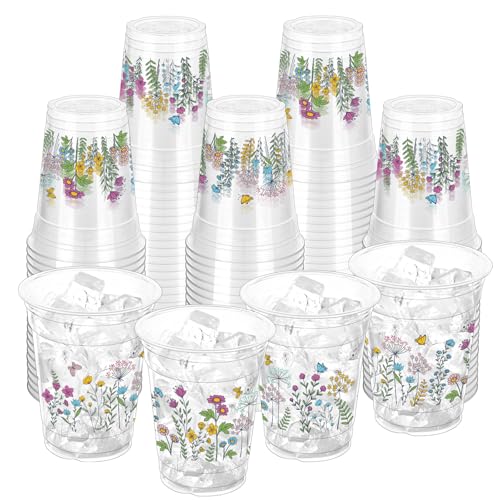 ZCPTZ 100 Pcs Wildflower Plastic Cups 12 oz Floral Party Cups Vintage Floral Drinking Cup Flower Spring Summer Disposable Cup for Spring Groovy Party Wildflower Baby Shower Birthday Supplies - Image 1
