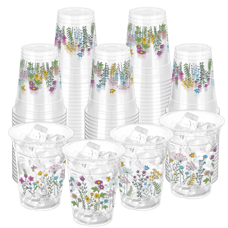ZCPTZ 100 Pcs Wildflower Plastic Cups 12 oz Floral Party Cups Vintage Floral Drinking Cup Flower Spring Summer Disposable Cup for Spring Groovy Party Wildflower Baby Shower Birthday Supplies - Image 2