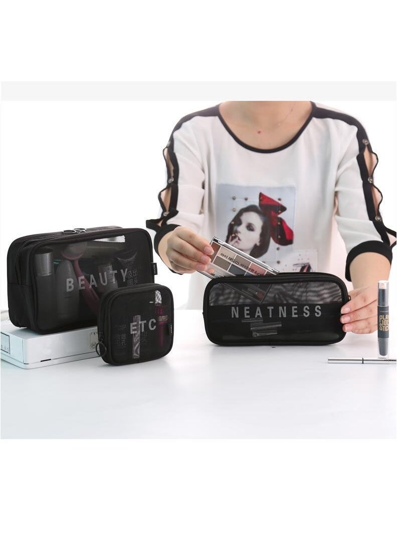 3-Piece Mesh Cosmetic Bag Set - Large Capacity Lightweight Breathable Travel Organizer for Beauty Essentials (Black) - Image 2