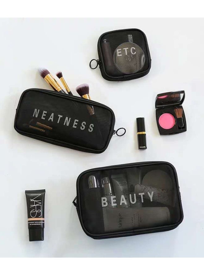 3-Piece Mesh Cosmetic Bag Set - Large Capacity Lightweight Breathable Travel Organizer for Beauty Essentials (Black) - Image 1
