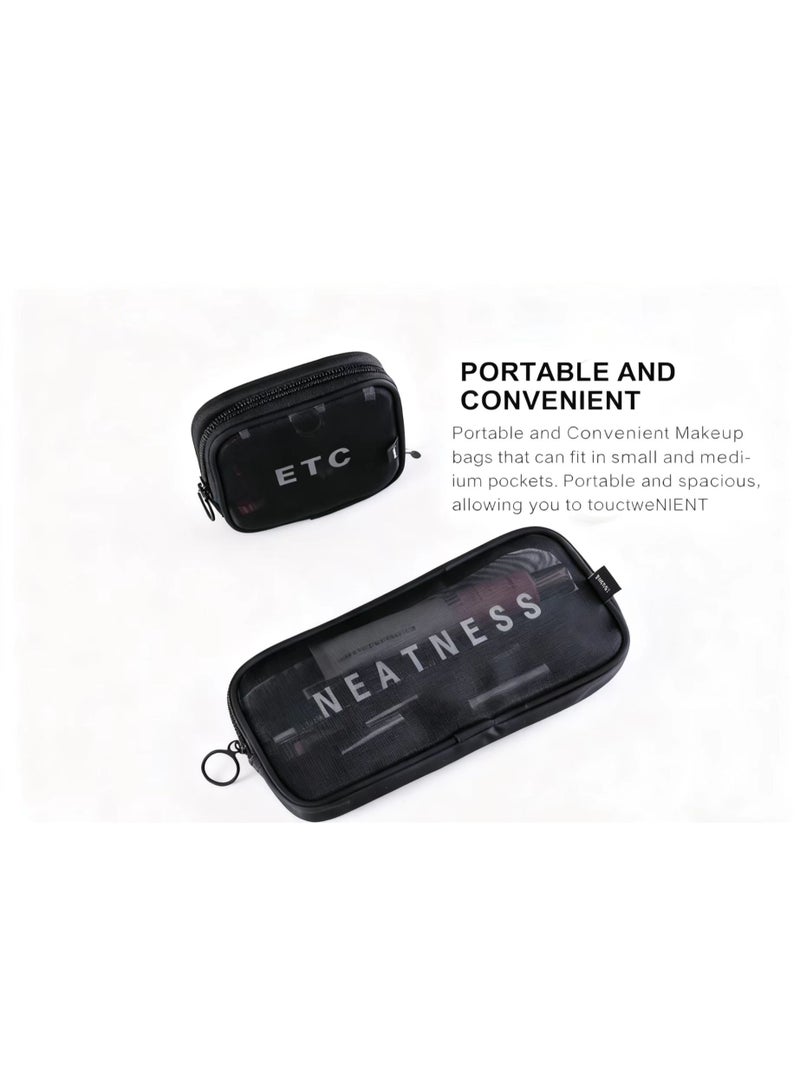 3-Piece Mesh Cosmetic Bag Set - Large Capacity Lightweight Breathable Travel Organizer for Beauty Essentials (Black) - Image 3