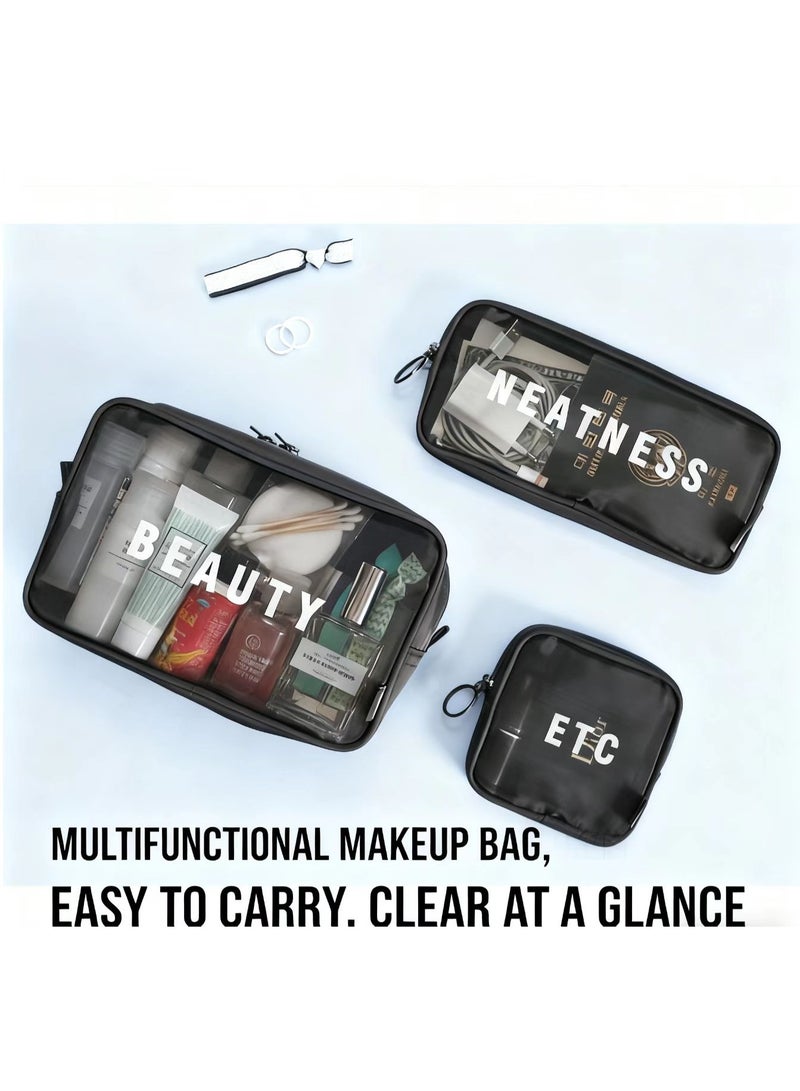 3-Piece Mesh Cosmetic Bag Set - Large Capacity Lightweight Breathable Travel Organizer for Beauty Essentials (Black) - Image 4