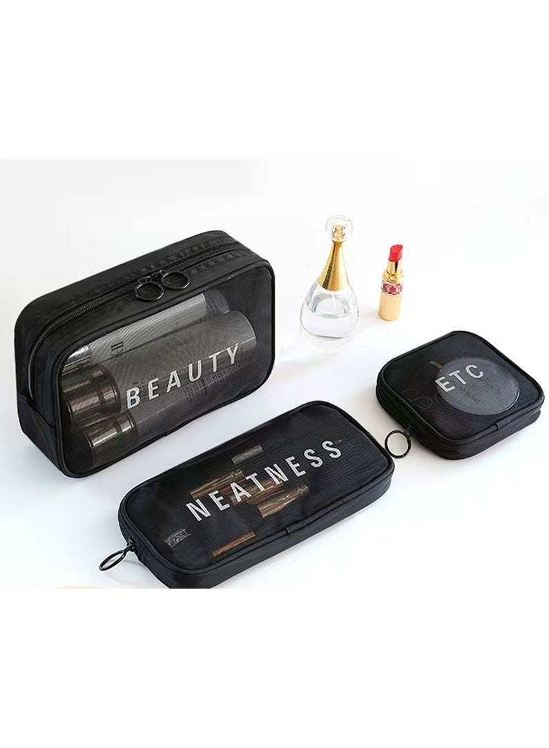 Black Mesh Cosmetic Bag 3Pcs Set Waterproof Portable Toiletry Organizer for Travel Swim Makeup - Image 1