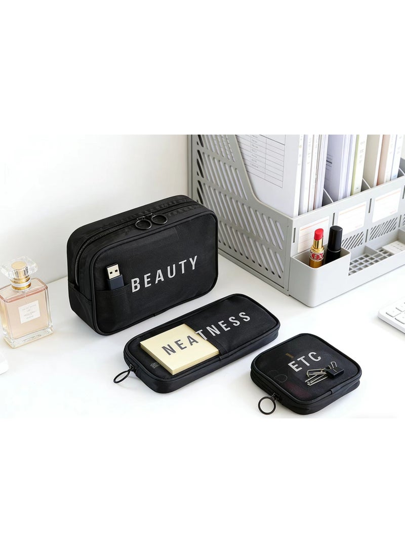 Black Mesh Cosmetic Bag 3Pcs Set Waterproof Portable Toiletry Organizer for Travel Swim Makeup - Image 2