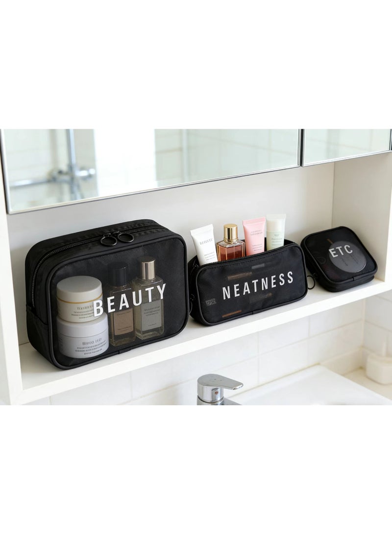 Black Mesh Cosmetic Bag 3Pcs Set Waterproof Portable Toiletry Organizer for Travel Swim Makeup - Image 3