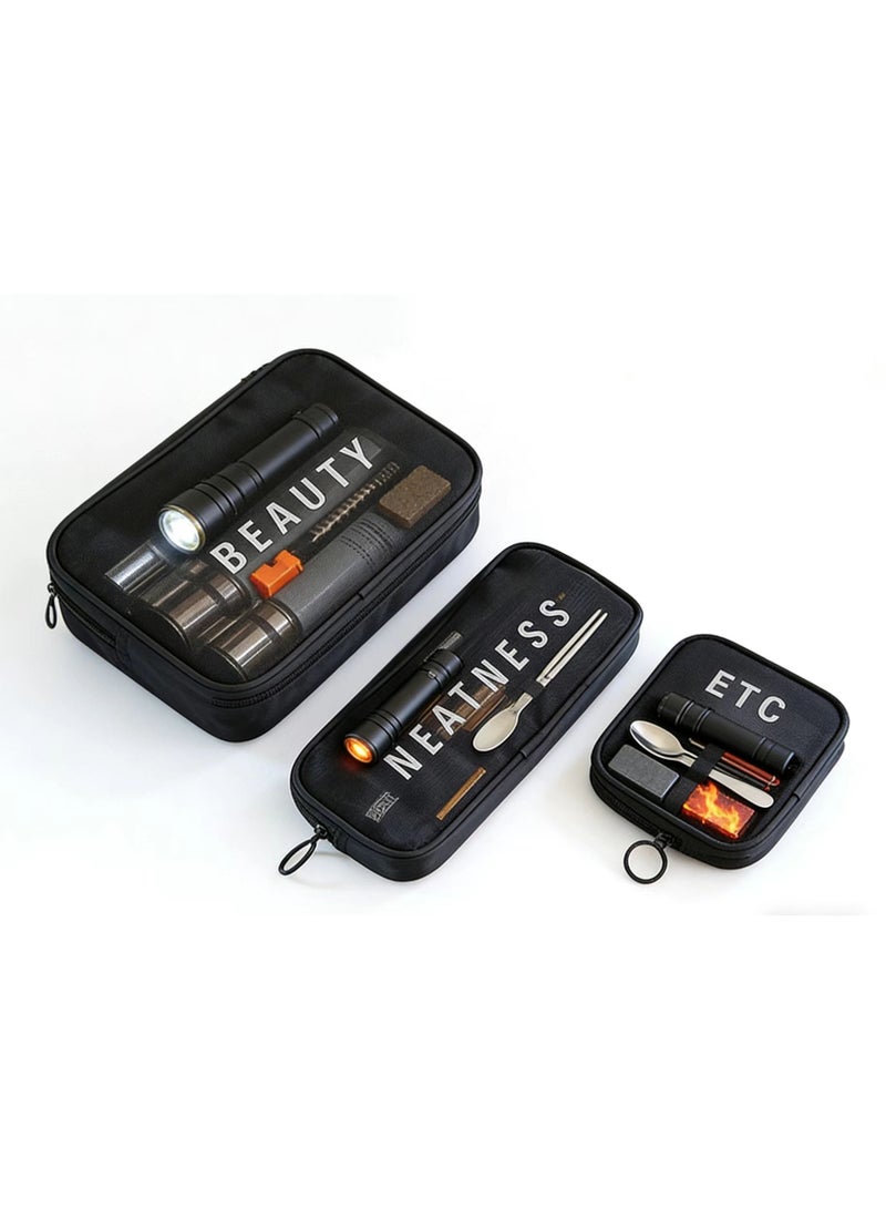 Black Mesh Cosmetic Bag 3Pcs Set Waterproof Portable Toiletry Organizer for Travel Swim Makeup - Image 5