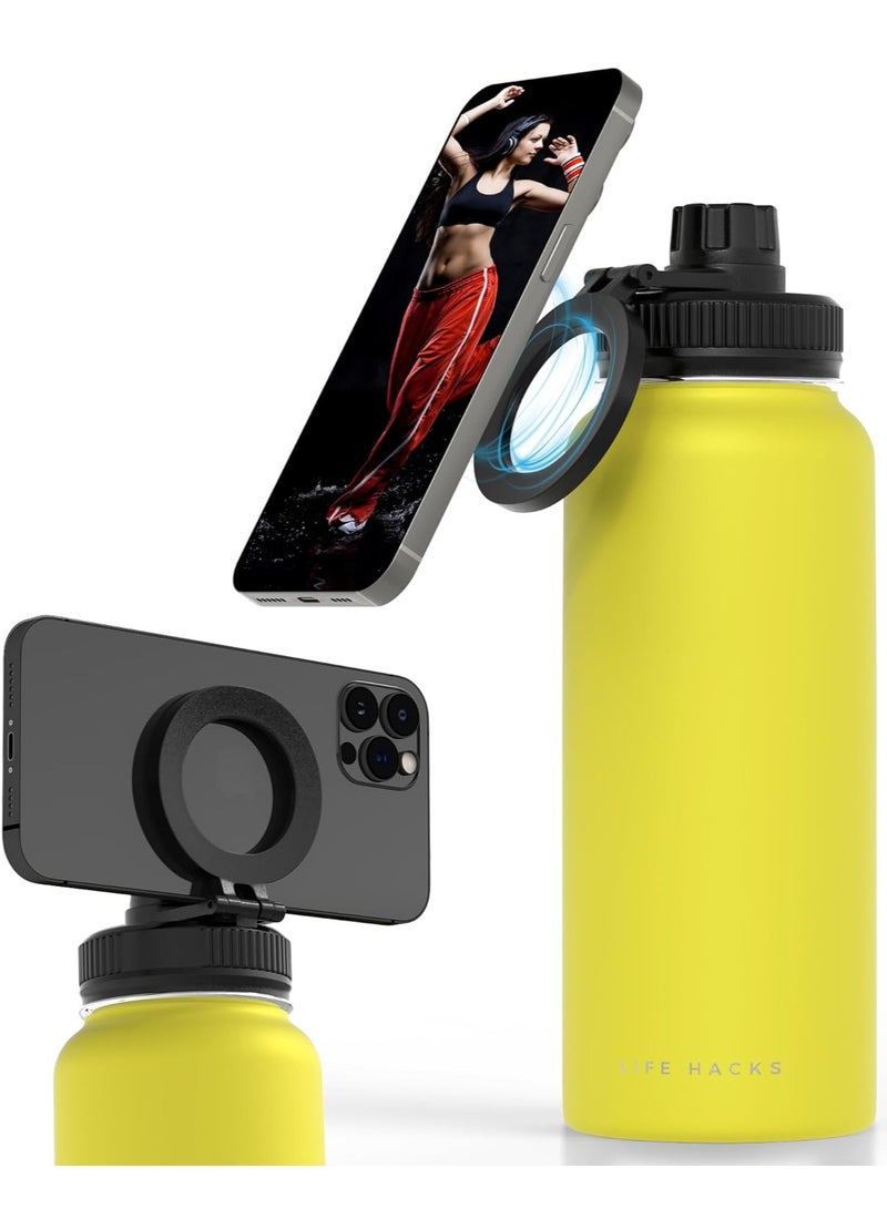 Raxoom Insulated Water Bottle - Magnetic Phone Holder Bottle With Tripod Mount - Stainless Steel - Cold 24H, Hot 12H, 180° Rotate (Yellow, 32 Ounces) - Image 1