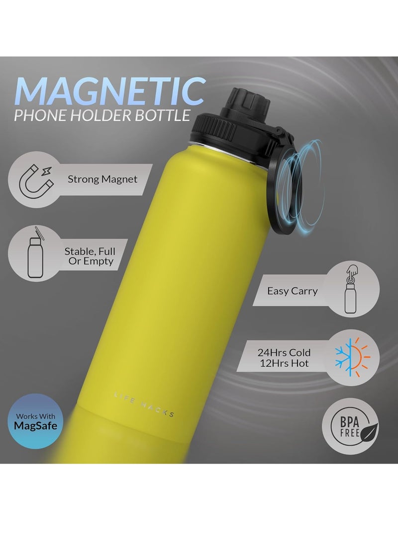 Raxoom Insulated Water Bottle - Magnetic Phone Holder Bottle With Tripod Mount - Stainless Steel - Cold 24H, Hot 12H, 180° Rotate (Yellow, 32 Ounces) - Image 4