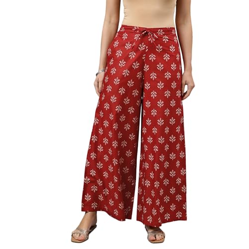 RATAN Women's Cotton Mid Rise Printed Loose Fit Flared Wide Leg Palazzo Pants (CFP-Maroon-XX-Large) - Image 1
