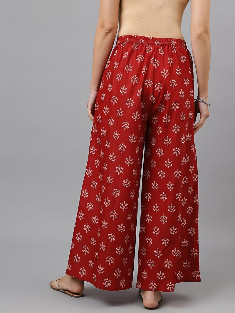 RATAN Women's Cotton Mid Rise Printed Loose Fit Flared Wide Leg Palazzo Pants (CFP-Maroon-XX-Large) - Image 3