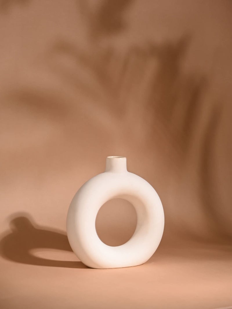 PUREZENTO Ceramic White Donut Vase 8 Inch - Pack of 1 | Decorative Donut Vase for Dried Flowers and Pampas Grass | Vases for Modern Home Decor, Living Room, Office Decor Ideas - Image 2