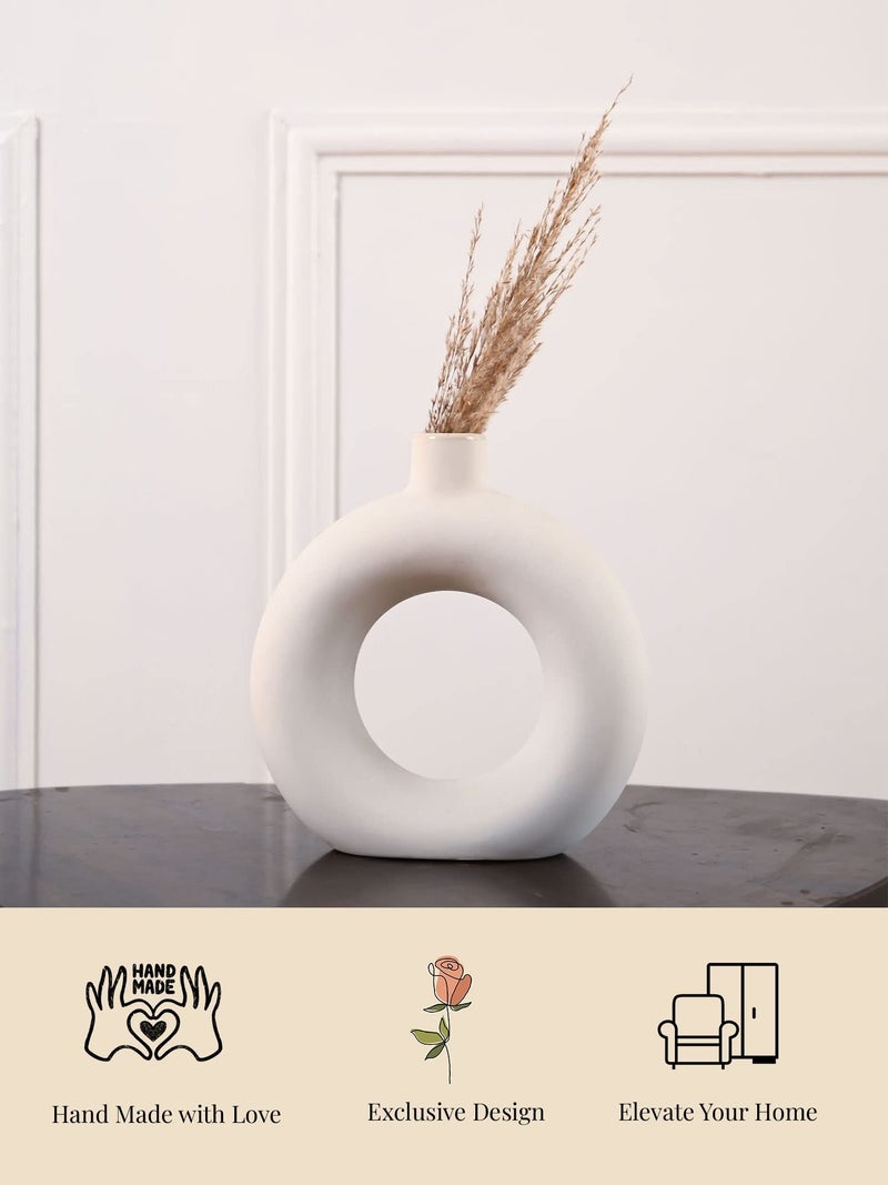 PUREZENTO Ceramic White Donut Vase 8 Inch - Pack of 1 | Decorative Donut Vase for Dried Flowers and Pampas Grass | Vases for Modern Home Decor, Living Room, Office Decor Ideas - Image 5