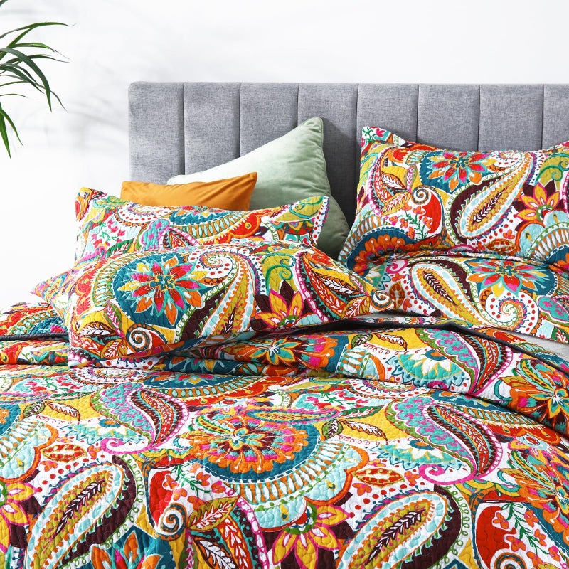 Qucover California King Quilt, Cotton Boho Paisley Quilt, 3 Piece Lightweight Oversized King Bedspread with Pillow Shams, Lightweight Colorful Bedding Comforter Sets, 118x106 - Image 2