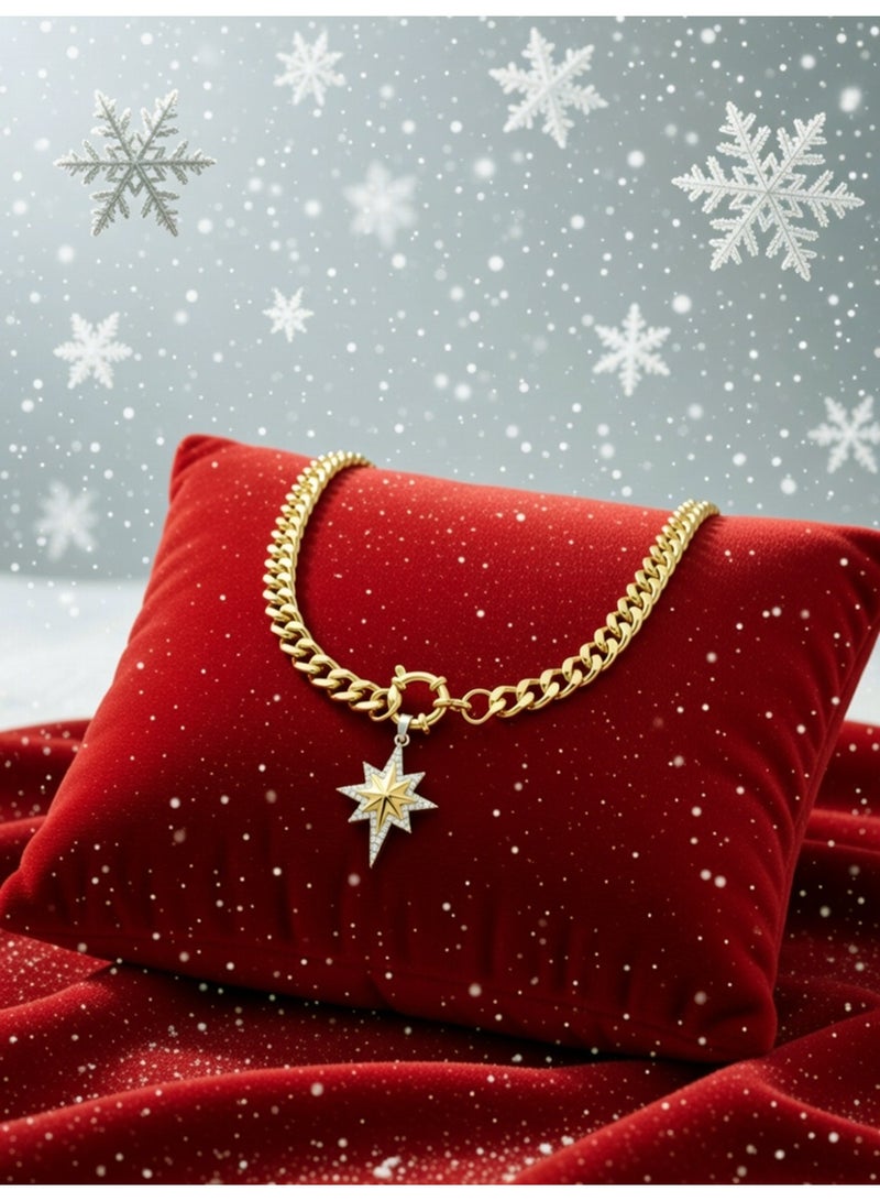 جوليا ستور قلادة نجمة الشمال، مطلية بالذهب عيار 18 قيراطًا، مصنوعة من الفولاذ المقاوم للصدأ، بتصميم أنيق وعصري فاخر، مرصعة بالزركونيا المكعبة الفضية، سلسلة طويلة وسميكة، رمزًا للحب والصداقة، قلادة ذهبية بسيطة بتصميم سماوي، هدية مجوهرات - Image 2