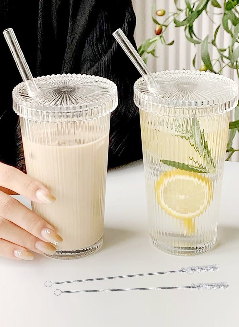 الدامكونية 2 PCS الزجاج النظيف، كوب قهوة مع 12.7 أوقية كؤوس شرب من القش للقهوة المثلجة، الحليب، موكا، شاي، عصير، ماء، هدية -مع 2 تنظيف بروكسل  - Image 1