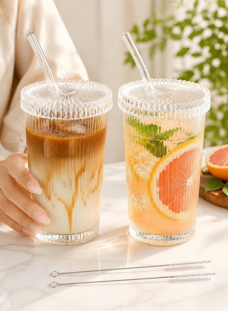 DAMCONME 2 PCS Clear Glass Tumbler Stripe Glass Cup,12.7oz Coffee Cup With Lid and Straw Drinking Glasses for Iced Coffee ,Milk, Mocha,Tea,Juice, Water, Gift- with 2 Cleaning Brushe - Image 1