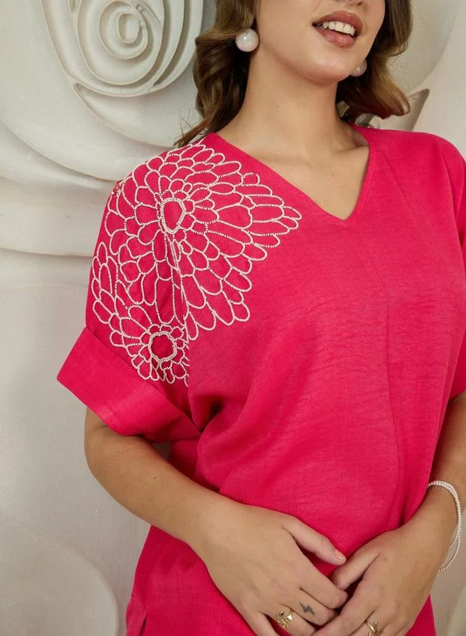 Athena Pink V Neck Beaded Top and Pants Co-ords