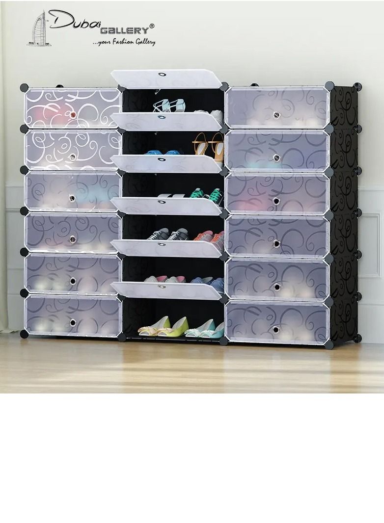 DubaiGallery 18-Cube DIY Shoe Rack, Storage Drawer Unit Multi Use Modular Organizer Plastic Cabinet with Doors, Black and White Curly Pattern - Image 1